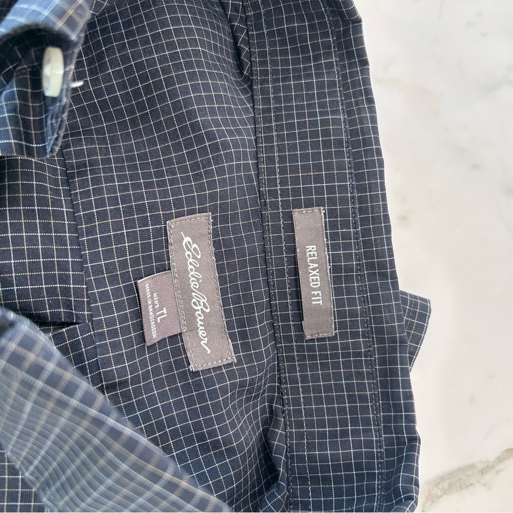 Eddie Bauer Navy Blue, Tan and White Grid Shirt